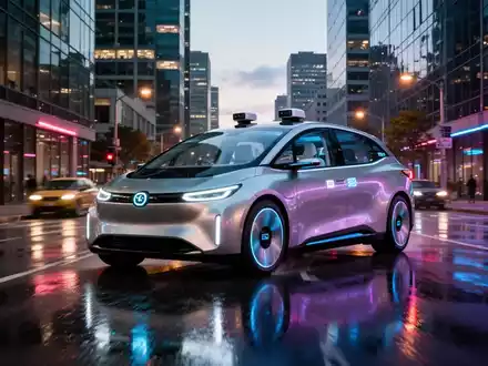 Ein futuristisches Robotaxi ohne Fahrer oder Lenkrad fährt bei Dämmerung durch eine moderne Stadtstraße und spiegelt Neonlichter. - Foto: über boerse-global.de
