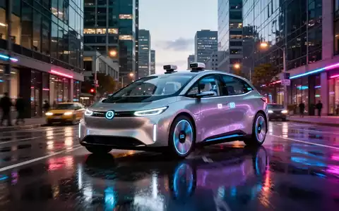 Ein futuristisches Robotaxi ohne Fahrer oder Lenkrad fährt bei Dämmerung durch eine moderne Stadtstraße und spiegelt Neonlichter. - Foto: über boerse-global.de