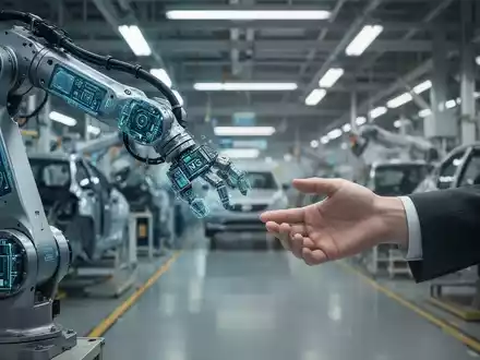 Roboterarm greift nach einer menschlichen Hand in einer Autofabrik, Symbol für Spannung zwischen Automatisierung und menschlicher Arbeit. - Foto: über boerse-global.de