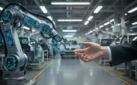 Roboterarm greift nach einer menschlichen Hand in einer Autofabrik, Symbol für Spannung zwischen Automatisierung und menschlicher Arbeit. - Foto: über boerse-global.de