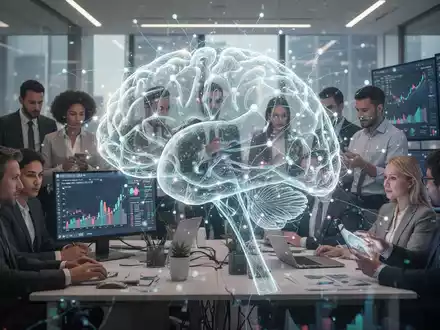Eine futuristische Darstellung von KI-Technologie, die sich über Menschen in einer modernen Büroumgebung legt, symbolisiert Karriere und Finanzen. - Foto: über boerse-global.de