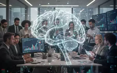Eine futuristische Darstellung von KI-Technologie, die sich über Menschen in einer modernen Büroumgebung legt, symbolisiert Karriere und Finanzen. - Foto: über boerse-global.de