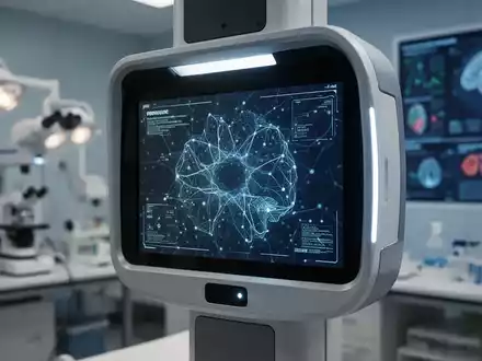 Nahaufnahme einer KI-gestützten Netzhautscanner-Oberfläche mit neuronalen Mustern, im Hintergrund verschwommene medizinische Geräte. - Foto: über boerse-global.de