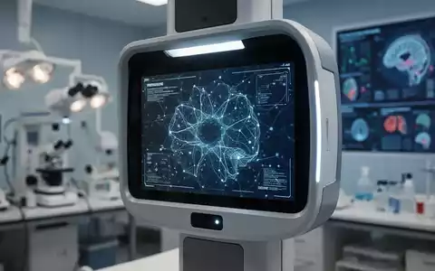 Nahaufnahme einer KI-gestützten Netzhautscanner-Oberfläche mit neuronalen Mustern, im Hintergrund verschwommene medizinische Geräte. - Foto: über boerse-global.de