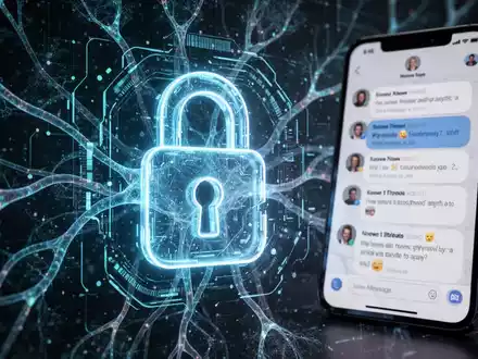 Glühendes Vorhängeschloss-Symbol für KI-Passwortreparatur, Smartphone mit RCS-Nachrichten im Hintergrund, symbolisiert digitale Sicherheit und Kommunikation. - Foto: über boerse-global.de