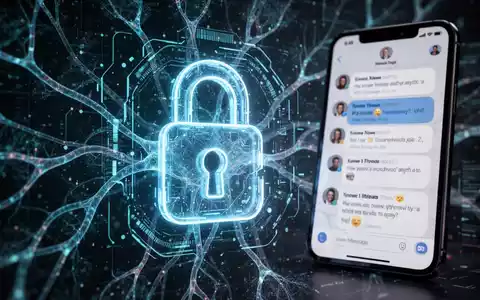 Glühendes Vorhängeschloss-Symbol für KI-Passwortreparatur, Smartphone mit RCS-Nachrichten im Hintergrund, symbolisiert digitale Sicherheit und Kommunikation. - Foto: über boerse-global.de