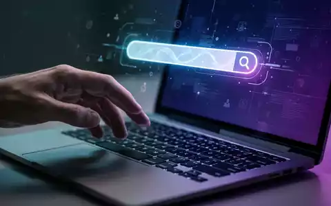Eine Hand schwebt über einer Laptop-Tastatur, auf dem Bildschirm leuchtet eine abstrakte Suchleiste. - Foto: über boerse-global.de