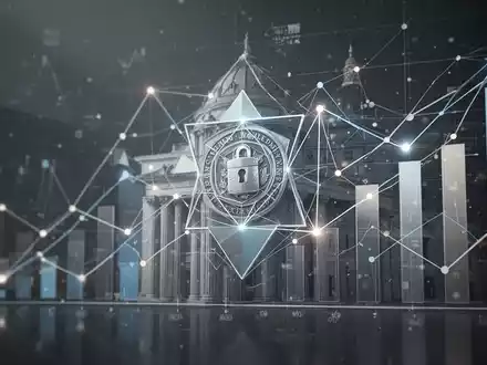 Abstrakte Darstellung von Finanzdaten und sicheren Transaktionen, mit geometrischen Formen und leuchtenden Knotenpunkten. - Foto: über boerse-global.de
