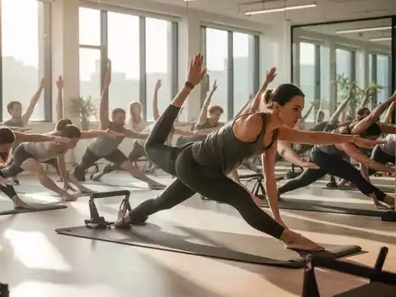 Eine Gruppe von Menschen macht Pilates-Übungen auf Matten in einem hellen Studio, Sonnenlicht fällt durch große Fenster. - Foto: über boerse-global.de
