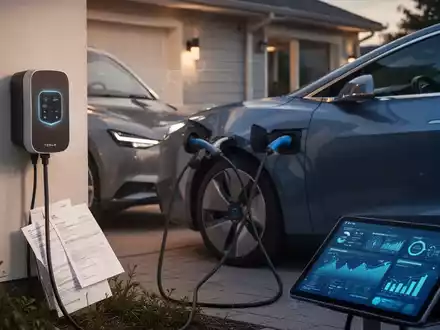 Ein elegantes Elektro-Dienstfahrzeug lädt an einer modernen Wallbox zu Hause, mit unscharfen Finanzdokumenten oder einem Tablet im Hintergrund. - Foto: über boerse-global.de