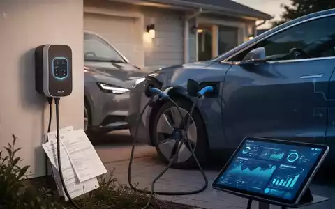 Ein elegantes Elektro-Dienstfahrzeug lädt an einer modernen Wallbox zu Hause, mit unscharfen Finanzdokumenten oder einem Tablet im Hintergrund. - Foto: über boerse-global.de