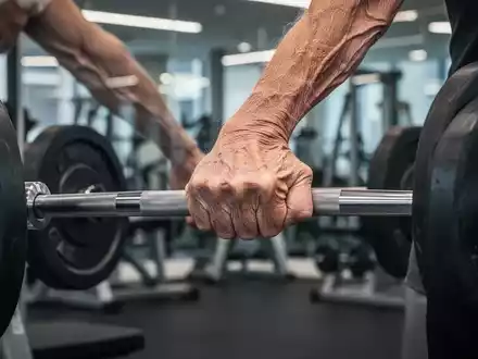 Nahaufnahme der Hand eines älteren Menschen, die eine Langhantel greift, mit Fokus auf die Muskeln, in einem unscharfen Fitnessstudio-Hintergrund. - Foto: über boerse-global.de