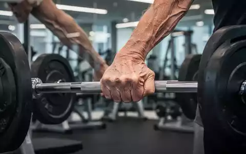 Nahaufnahme der Hand eines älteren Menschen, die eine Langhantel greift, mit Fokus auf die Muskeln, in einem unscharfen Fitnessstudio-Hintergrund. - Foto: über boerse-global.de