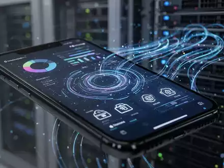 Nahaufnahme eines iPhone-Bildschirms mit abstrakten Datenvisualisierungen und Speicher-Icons, unscharfer Tech-Hintergrund. - Foto: über boerse-global.de