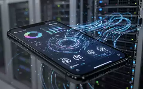 Nahaufnahme eines iPhone-Bildschirms mit abstrakten Datenvisualisierungen und Speicher-Icons, unscharfer Tech-Hintergrund. - Foto: über boerse-global.de