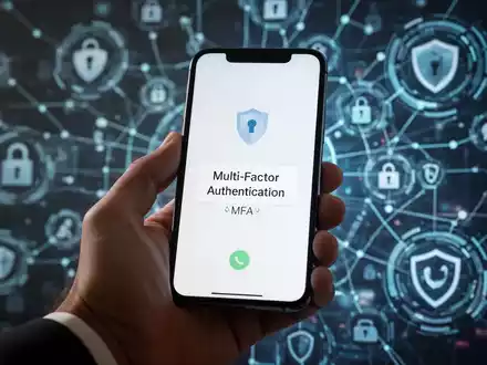 Eine Hand hält ein Smartphone mit MFA-Code, im Hintergrund abstrakte digitale Sicherheitssymbole, die Cybersicherheit darstellen. - Foto: über boerse-global.de