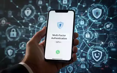 Eine Hand hält ein Smartphone mit MFA-Code, im Hintergrund abstrakte digitale Sicherheitssymbole, die Cybersicherheit darstellen. - Foto: über boerse-global.de