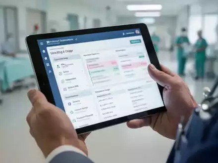Hände eines HR-Managers halten ein Tablet mit einer Personalverwaltungs-App, im Hintergrund verschwommenes Krankenhausumfeld. - Foto: über boerse-global.de