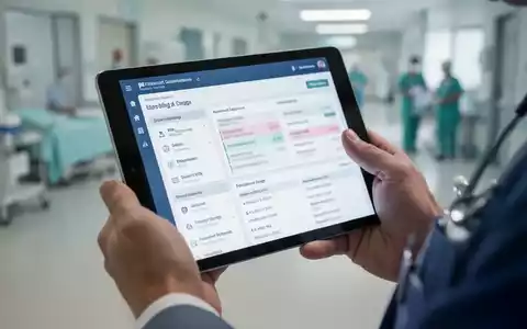 Hände eines HR-Managers halten ein Tablet mit einer Personalverwaltungs-App, im Hintergrund verschwommenes Krankenhausumfeld. - Foto: über boerse-global.de