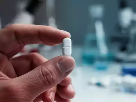 Nahaufnahme einer Hand, die eine weiße Pille hält, mit einem unscharfen Hintergrund, der ein medizinisches Labor andeutet. - Foto: über boerse-global.de