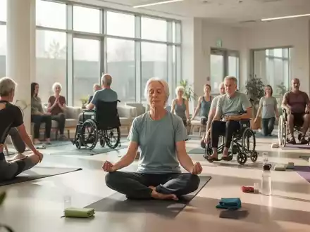 Eine vielfältige Gruppe von Erwachsenen unterschiedlichen Alters und Mobilität praktiziert sanftes Yoga und Meditation in einem hellen, modernen Gemeindezentrum. - Foto: über boerse-global.de