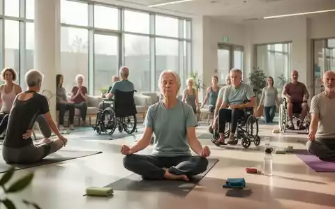 Eine vielfältige Gruppe von Erwachsenen unterschiedlichen Alters und Mobilität praktiziert sanftes Yoga und Meditation in einem hellen, modernen Gemeindezentrum. - Foto: über boerse-global.de