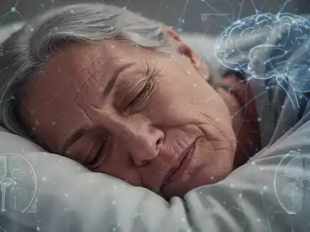 Nahaufnahme einer Person, die auf einem Kissen schläft, mit angedeuteten neuronalen Mustern, die Schlaf und Gehirnaktivität darstellen. - Foto: über boerse-global.de