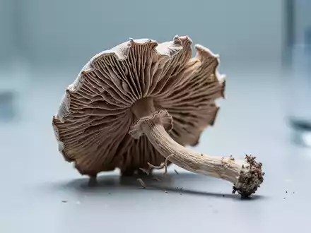 Nahaufnahme eines einzelnen, getrockneten Psilocybin-Pilzes auf einem sterilen Hintergrund, der medizinische Forschung andeutet. - Foto: über boerse-global.de