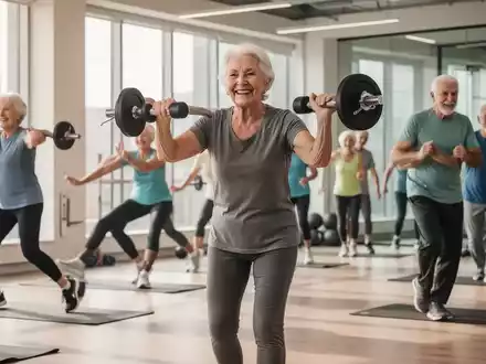 Senioren trainieren in einem modernen Fitnessstudio, heben leichte Gewichte, dehnen sich und gehen zügig. Fokus auf ihre Freude und Entschlossenheit. - Foto: über boerse-global.de