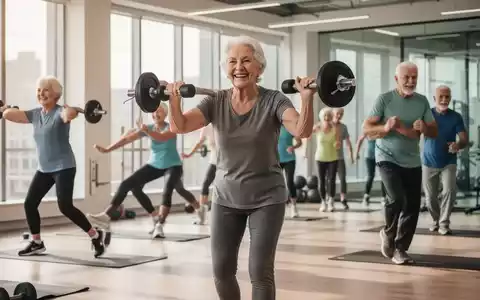 Senioren trainieren in einem modernen Fitnessstudio, heben leichte Gewichte, dehnen sich und gehen zügig. Fokus auf ihre Freude und Entschlossenheit. - Foto: über boerse-global.de