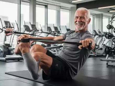 Ein fitter, aktiver Senior (50-60 Jahre) trainiert mit einem Widerstandsband im Fitnessstudio und lächelt. Fokus auf gesunde Alterung. - Foto: über boerse-global.de