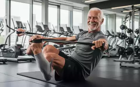 Ein fitter, aktiver Senior (50-60 Jahre) trainiert mit einem Widerstandsband im Fitnessstudio und lächelt. Fokus auf gesunde Alterung. - Foto: über boerse-global.de