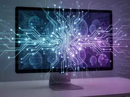 Leuchtendes neuronales Netzwerk über einem Computermonitor mit abstrakten Daten, symbolisiert KI-Integration in PC-Systeme. - Foto: über boerse-global.de