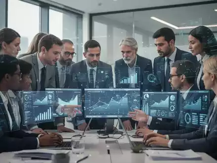 Geschäftsleute in einem modernen Büro betrachten digitale Bildschirme mit Diagrammen und Daten, symbolisch für die E-Rechnungspflicht. - Foto: über boerse-global.de