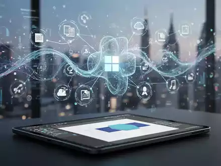 Moderne digitale Oberfläche mit abstrakten Daten, Software-Icons und Tablet mit Designtools, die die Entwicklung des Verlagswesens symbolisiert. - Foto: über boerse-global.de