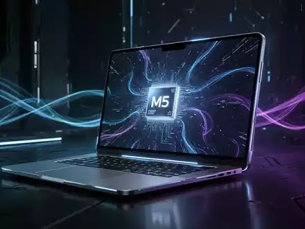 Hochwertiges Laptop-Nahaufnahme mit leuchtendem Touchscreen und Dynamic Island, dunkler futuristischer Hintergrund. - Foto: über boerse-global.de