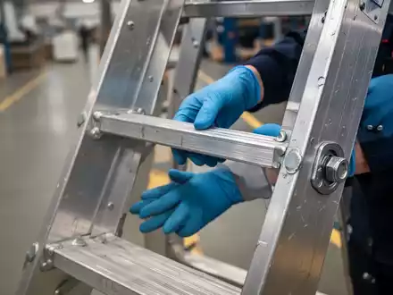 Ein Prüfer in blauen Handschuhen inspiziert sorgfältig die Sprossen und Gelenke einer Aluminiumleiter in einer Fabrikumgebung. - Foto: über boerse-global.de