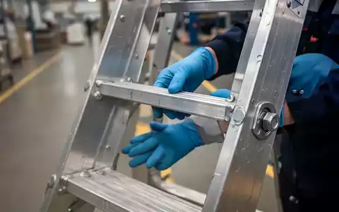 Ein Prüfer in blauen Handschuhen inspiziert sorgfältig die Sprossen und Gelenke einer Aluminiumleiter in einer Fabrikumgebung. - Foto: über boerse-global.de