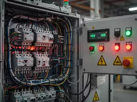 Elektrische Schaltkreise und Steuerungen einer Industriemaschine mit Sicherheitszeichen und einem Prüfkatalog. - Foto: über boerse-global.de