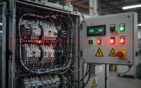 Elektrische Schaltkreise und Steuerungen einer Industriemaschine mit Sicherheitszeichen und einem Prüfkatalog. - Foto: über boerse-global.de