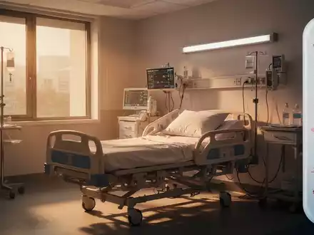 Ein modernes Krankenhauszimmer mit einem Patientenbett und medizinischer Ausrüstung. Ein Thermometer zeigt hohe Temperaturen an. - Foto: über boerse-global.de