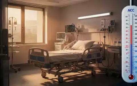 Ein modernes Krankenhauszimmer mit einem Patientenbett und medizinischer Ausrüstung. Ein Thermometer zeigt hohe Temperaturen an. - Foto: über boerse-global.de