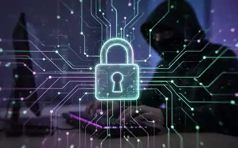 Ein digitales Vorhängeschloss-Symbol über einem Netzwerk aus leuchtenden Linien, im Hintergrund die Silhouette eines Hackers. - Foto: über boerse-global.de
