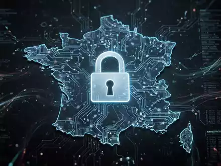 Digitales Vorhängeschloss über einer leuchtenden Leiterplattenkarte Frankreichs, symbolisiert einen Cyberangriff auf Regierungsdaten. - Foto: über boerse-global.de