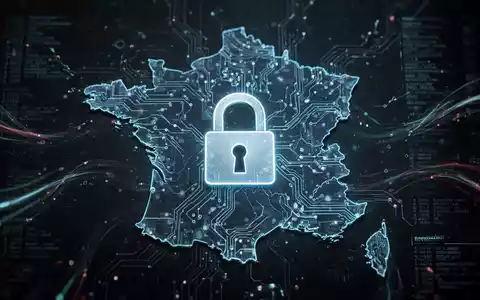 Digitales Vorhängeschloss über einer leuchtenden Leiterplattenkarte Frankreichs, symbolisiert einen Cyberangriff auf Regierungsdaten. - Foto: über boerse-global.de