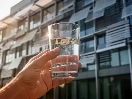 Eine Hand hält ein Glas Wasser vor einem unscharfen Hintergrund einer modernen Gebäudefassade mit Sonnenschutz. Das Bild vermittelt Abkühlung. - Foto: über boerse-global.de