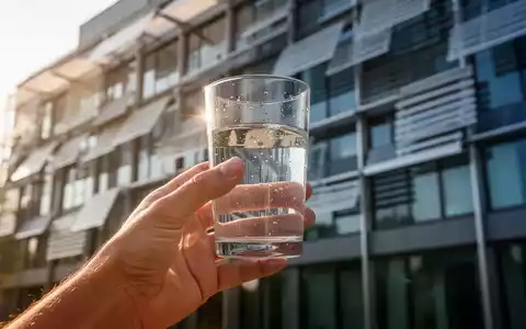 Eine Hand hält ein Glas Wasser vor einem unscharfen Hintergrund einer modernen Gebäudefassade mit Sonnenschutz. Das Bild vermittelt Abkühlung. - Foto: über boerse-global.de
