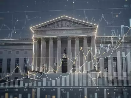 Abstrakte Darstellung von Finanzdaten-Charts und dem Umriss des Federal Reserve Gebäudes, die einen Stresstest symbolisieren. - Foto: über boerse-global.de