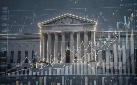 Abstrakte Darstellung von Finanzdaten-Charts und dem Umriss des Federal Reserve Gebäudes, die einen Stresstest symbolisieren. - Foto: über boerse-global.de