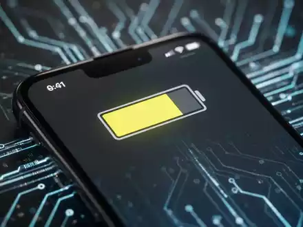 Smartphone-Bildschirm mit gelbem Batteriesymbol in der Statusleiste, das den Energiesparmodus anzeigt, unscharfer Technik-Hintergrund. - Foto: über boerse-global.de